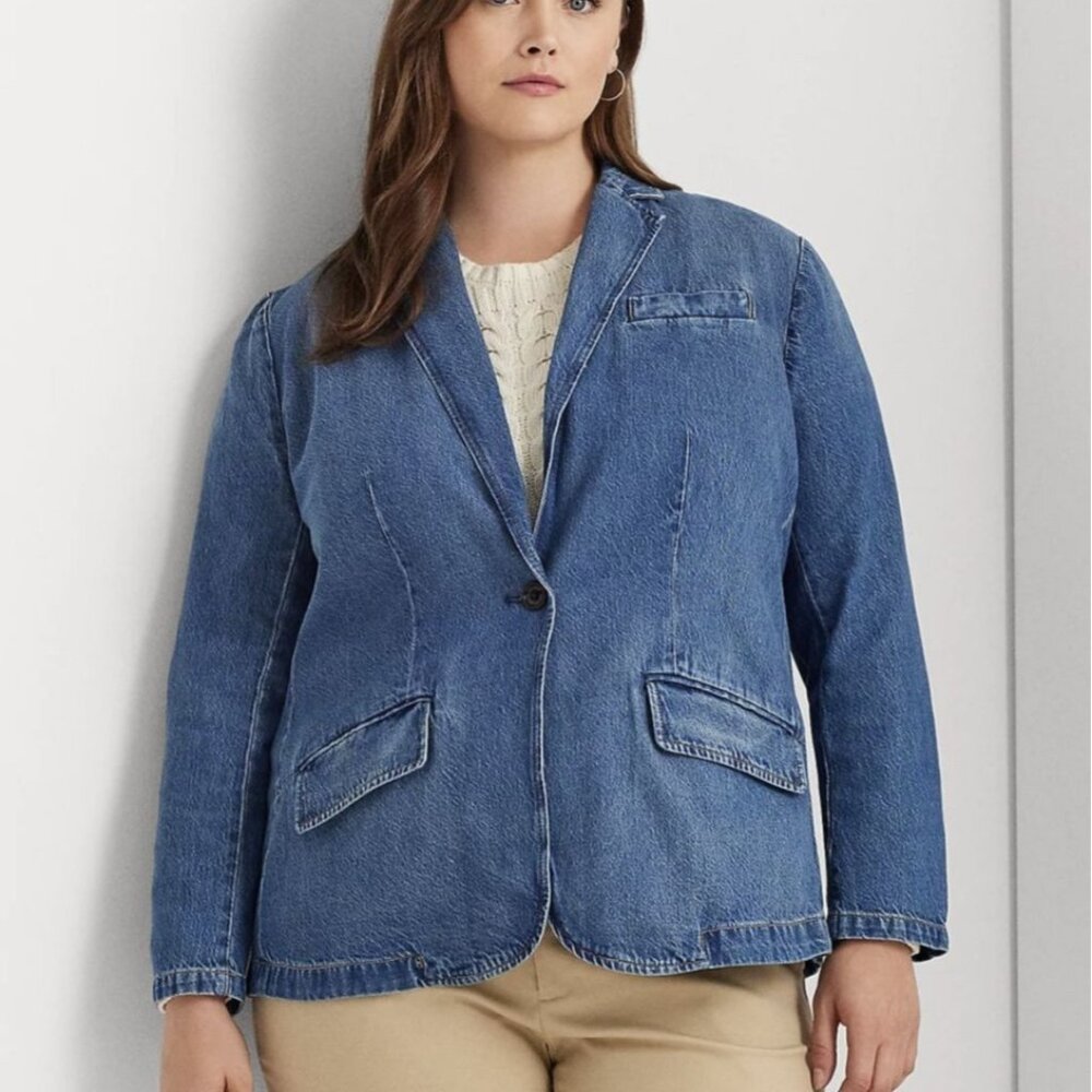 Lauren Ralph Lauren Plus Size One-Button Denim Blazer City Blue Wash Y2K NWT